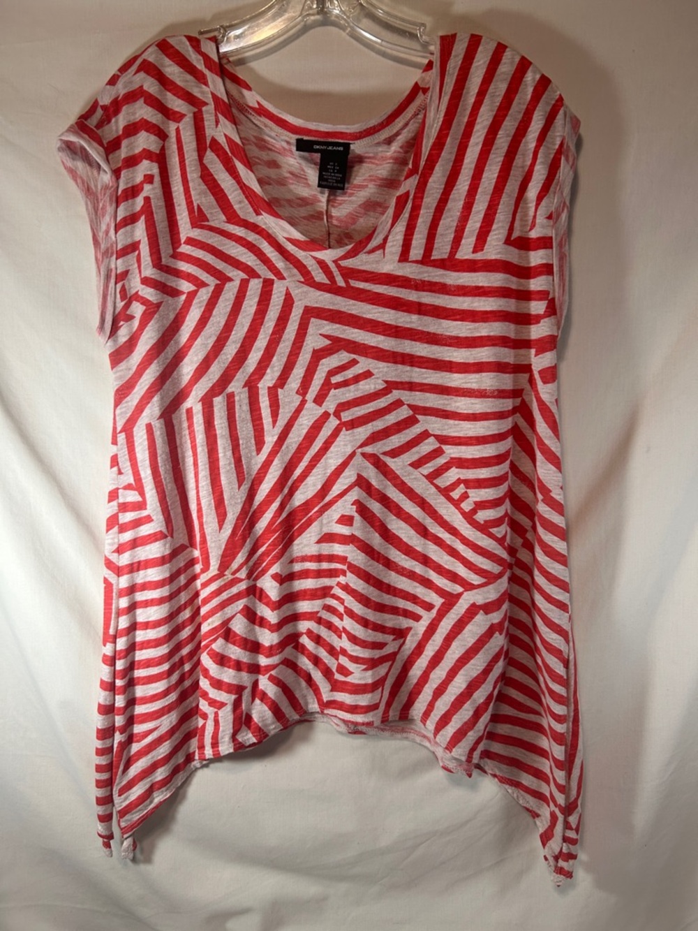 DNKY Red & White Geometric Stripe Short Sleeve Top